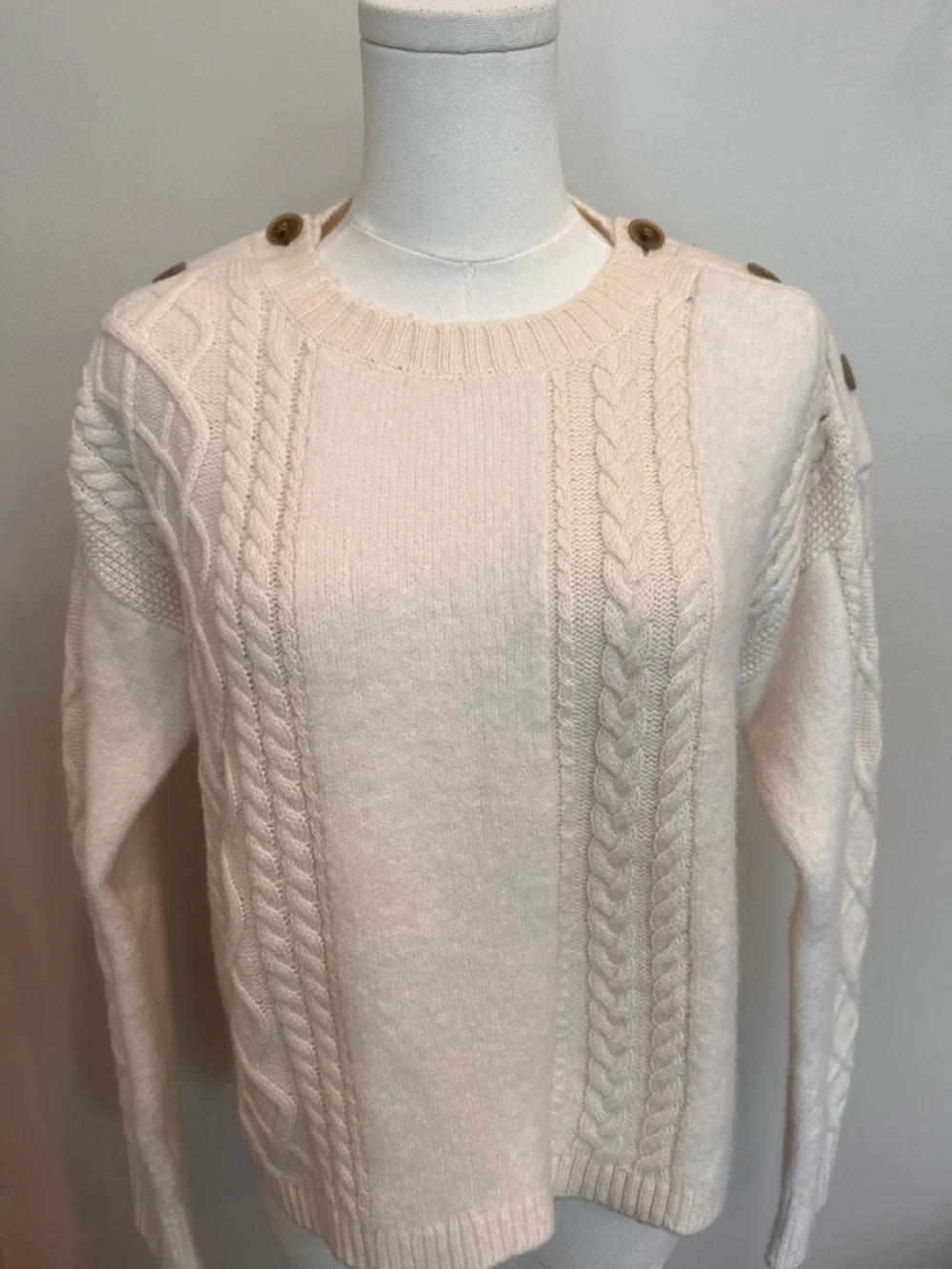J.Crew Cable Knit Button Shoulder Sweater Lambswool Alpaca Blend Size S